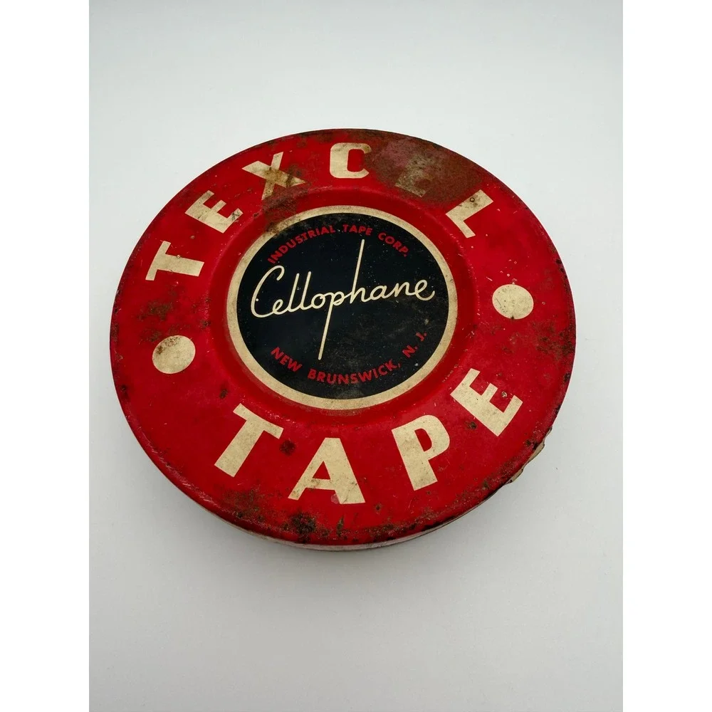 Vintage Texcel Cellophane Tape Tin Industrial‎ Tape Corp New Brunswick Red Black